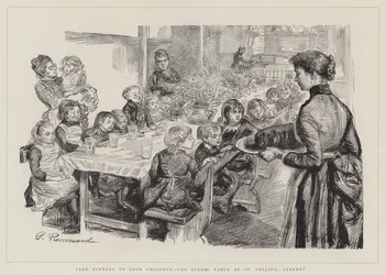 Kostenlose Mahlzeiten für arme Kinder, der Esstisch in St. Philip